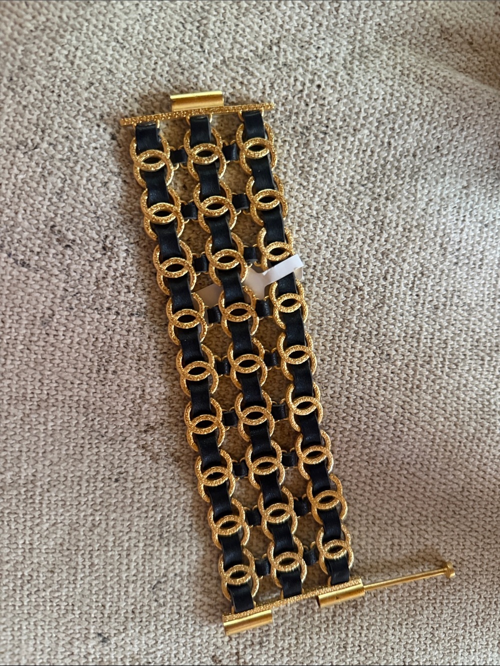 Chanel CC Gold Link Bracelet with Black leather Ribbon Detail